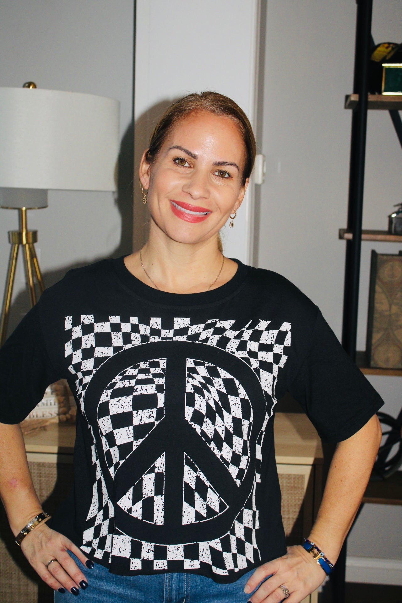 Checker Peace Sign Printed Round Neck T Shirt