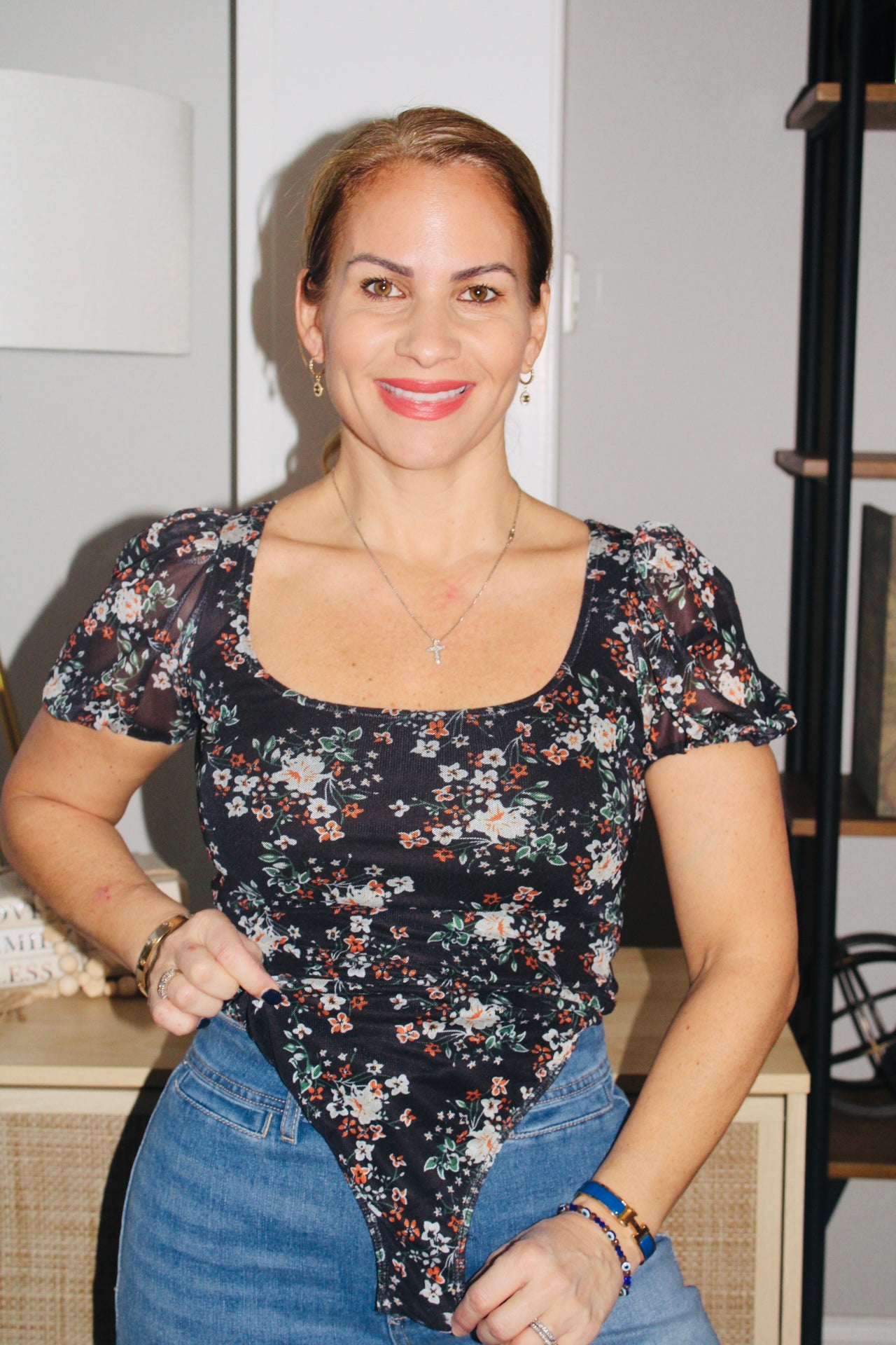 Black Floral Print Short Puff Sleeve Bodysuit