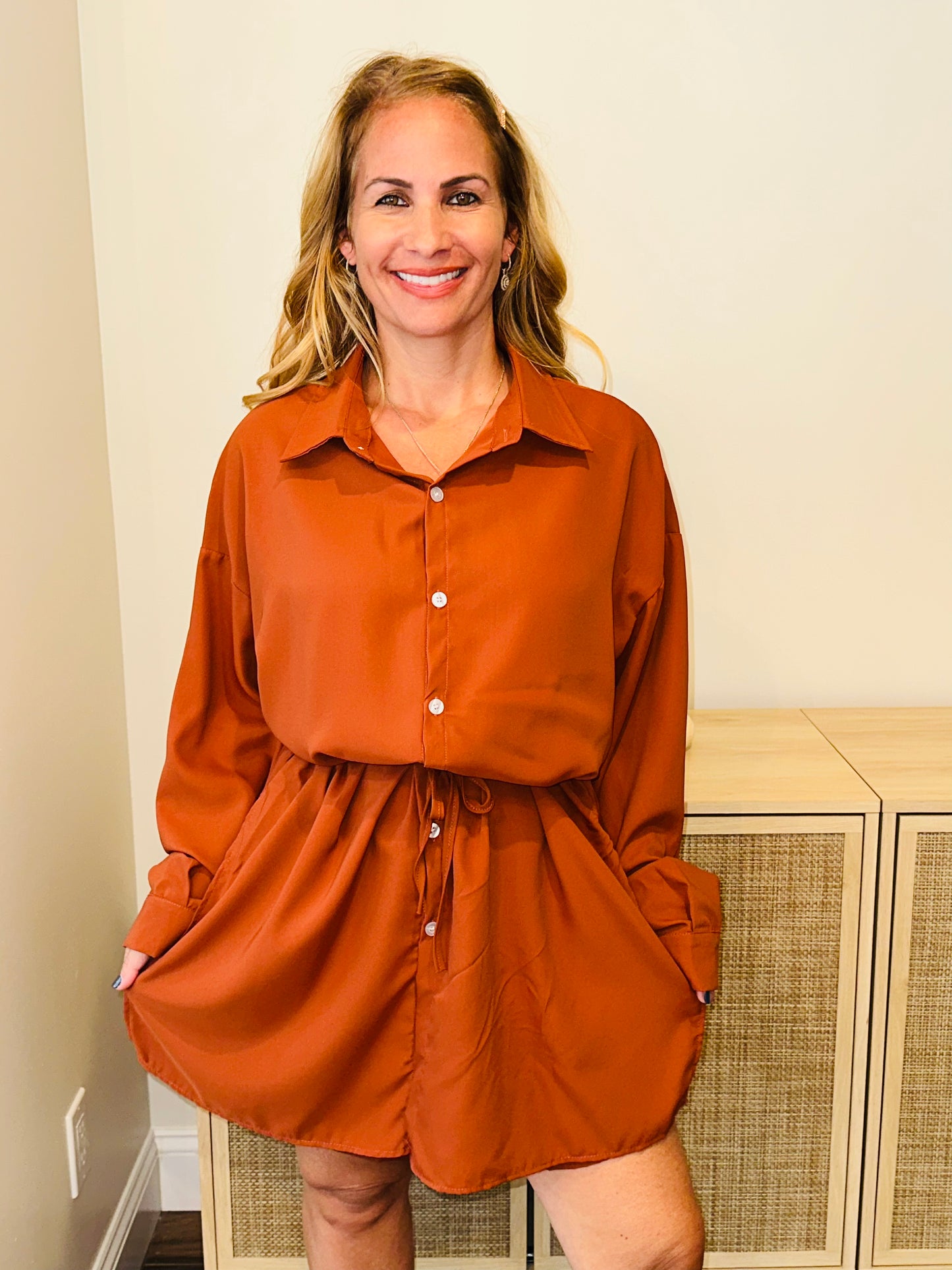 Rust Shirt Dress With Shorts