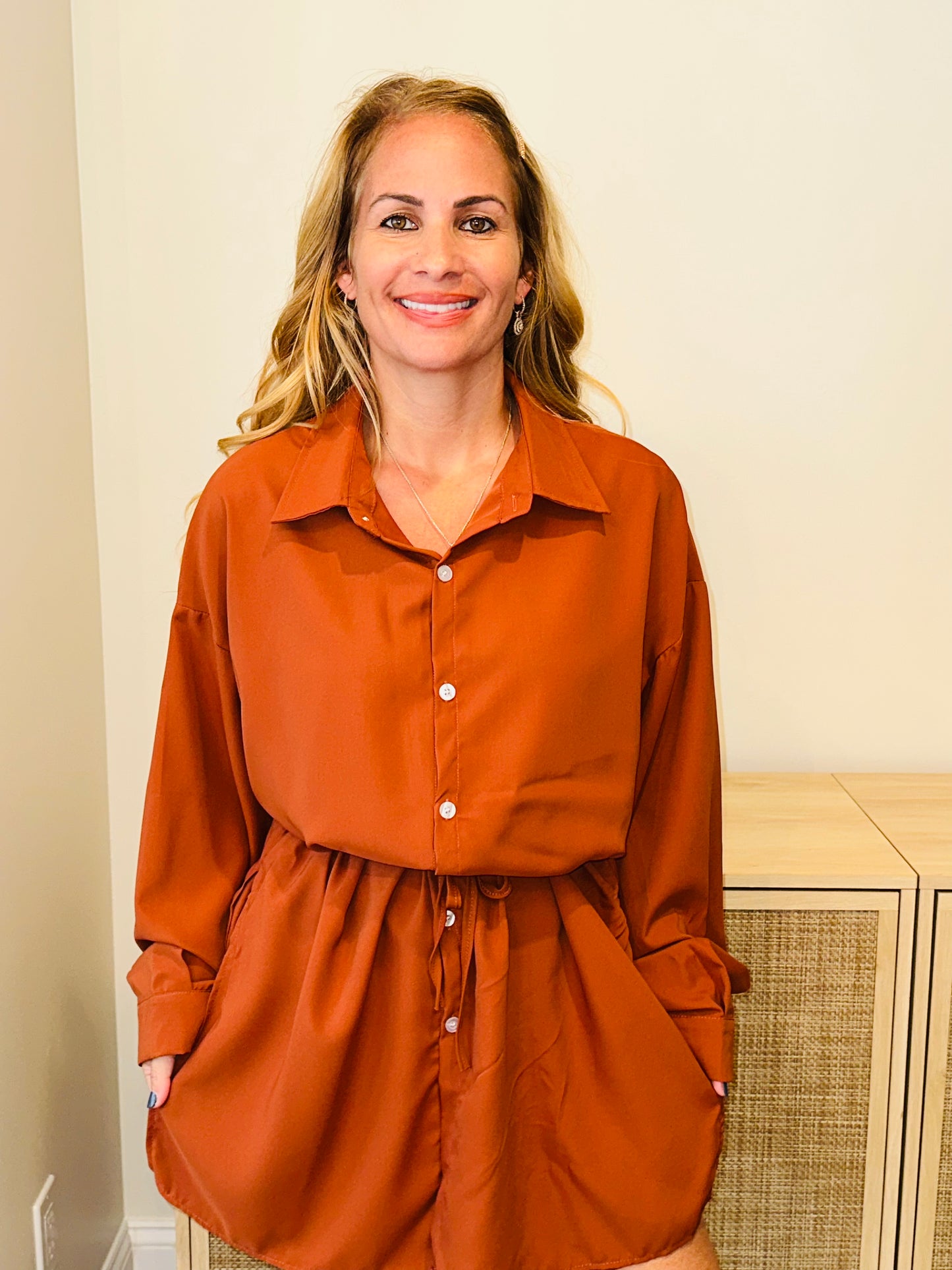 Rust Shirt Dress With Shorts