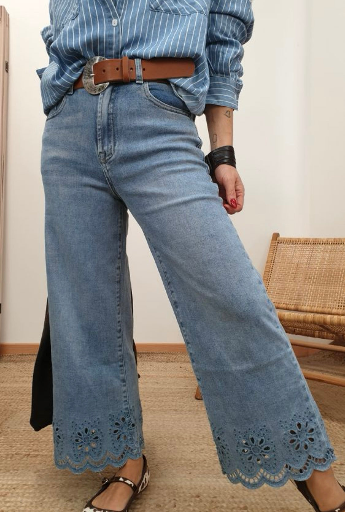 Embroidered Denim Wide Leg Jeans