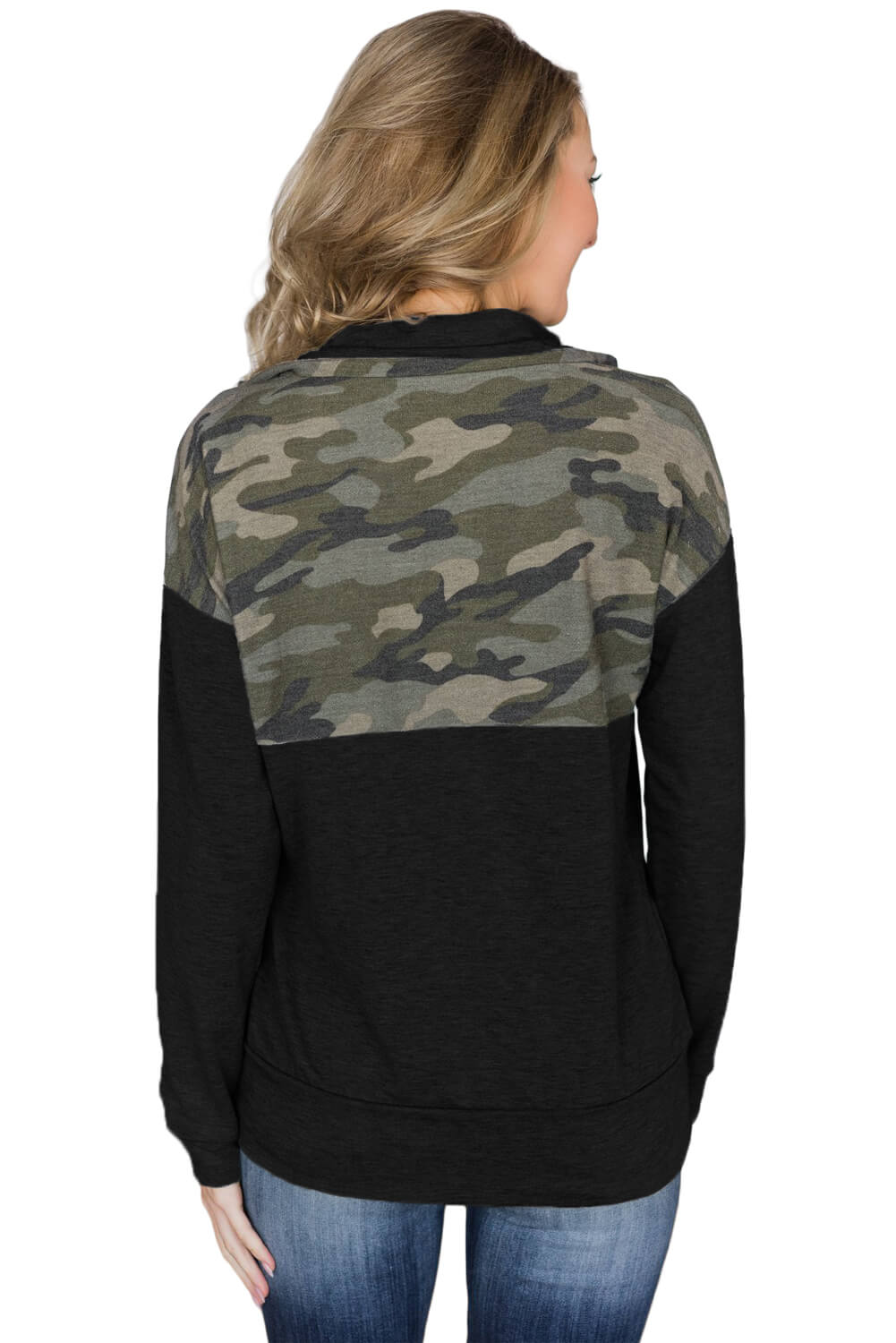 Camo Black Pocketed Zip Collar Sweatshirt