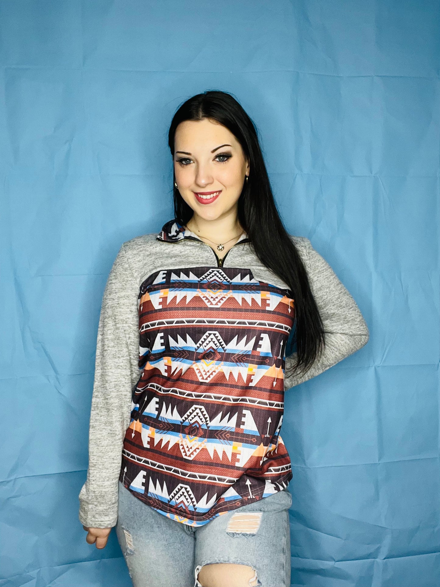 Quarter Zip Long Sleeve Patterned Sweater