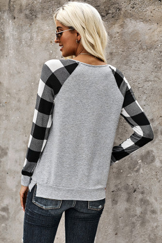 Sequin Pocket Grey Plaid Long Sleeve