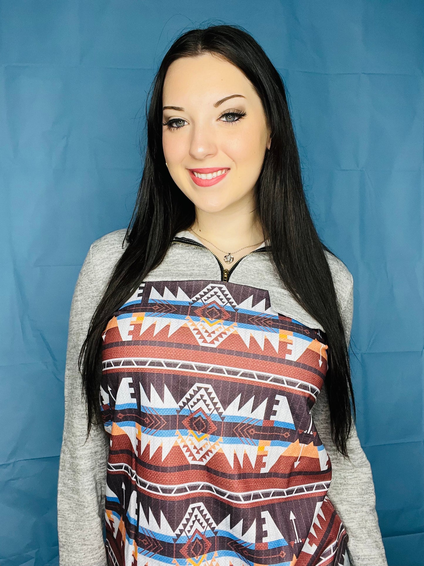 Quarter Zip Long Sleeve Patterned Sweater