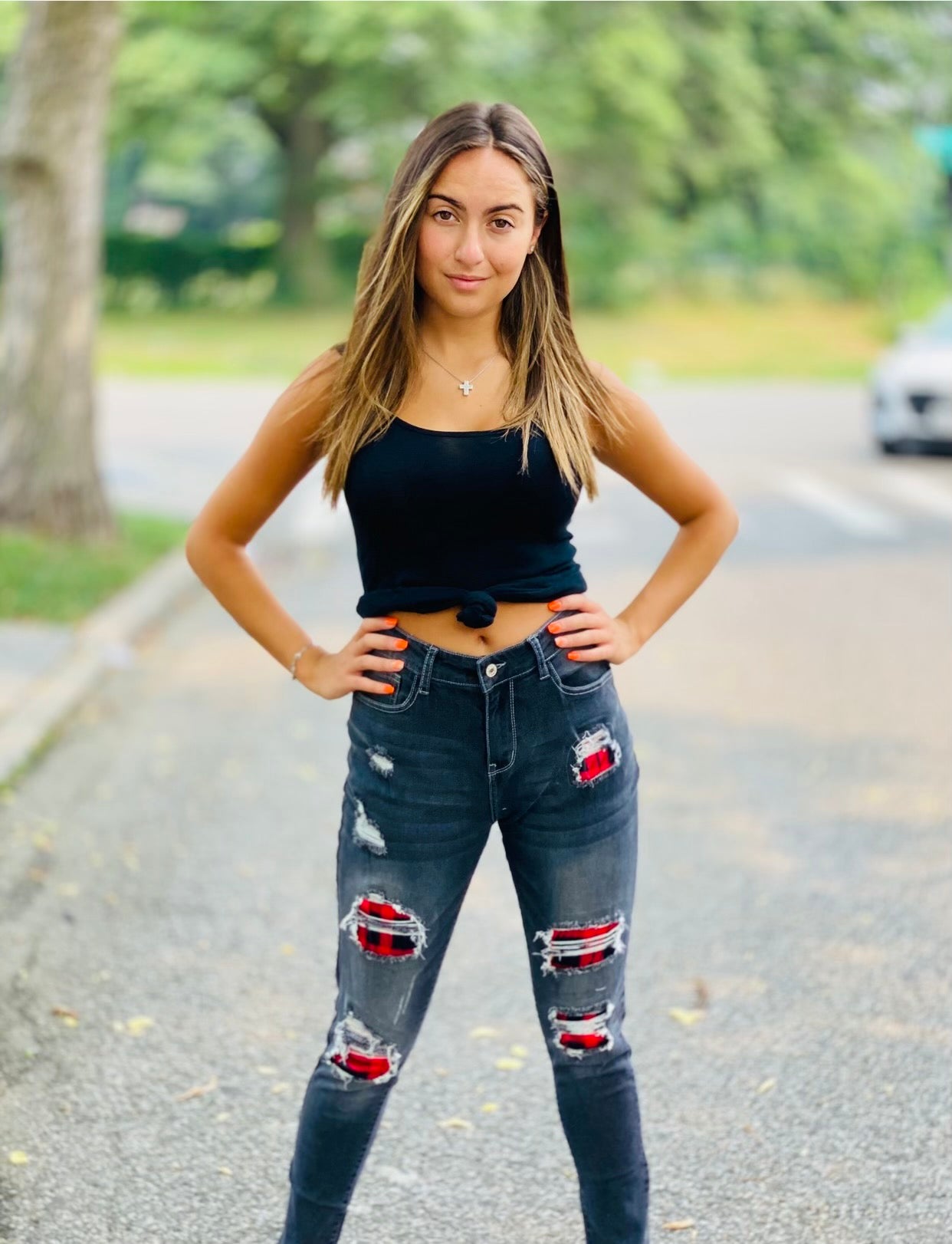 Black Denim Black and Red Plaid