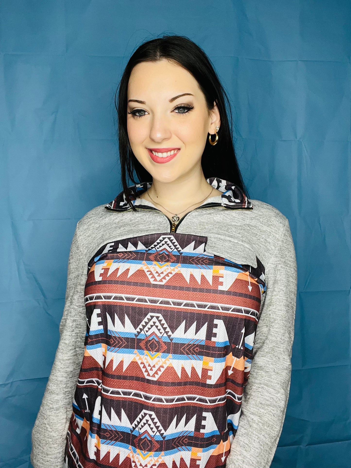 Quarter Zip Long Sleeve Patterned Sweater