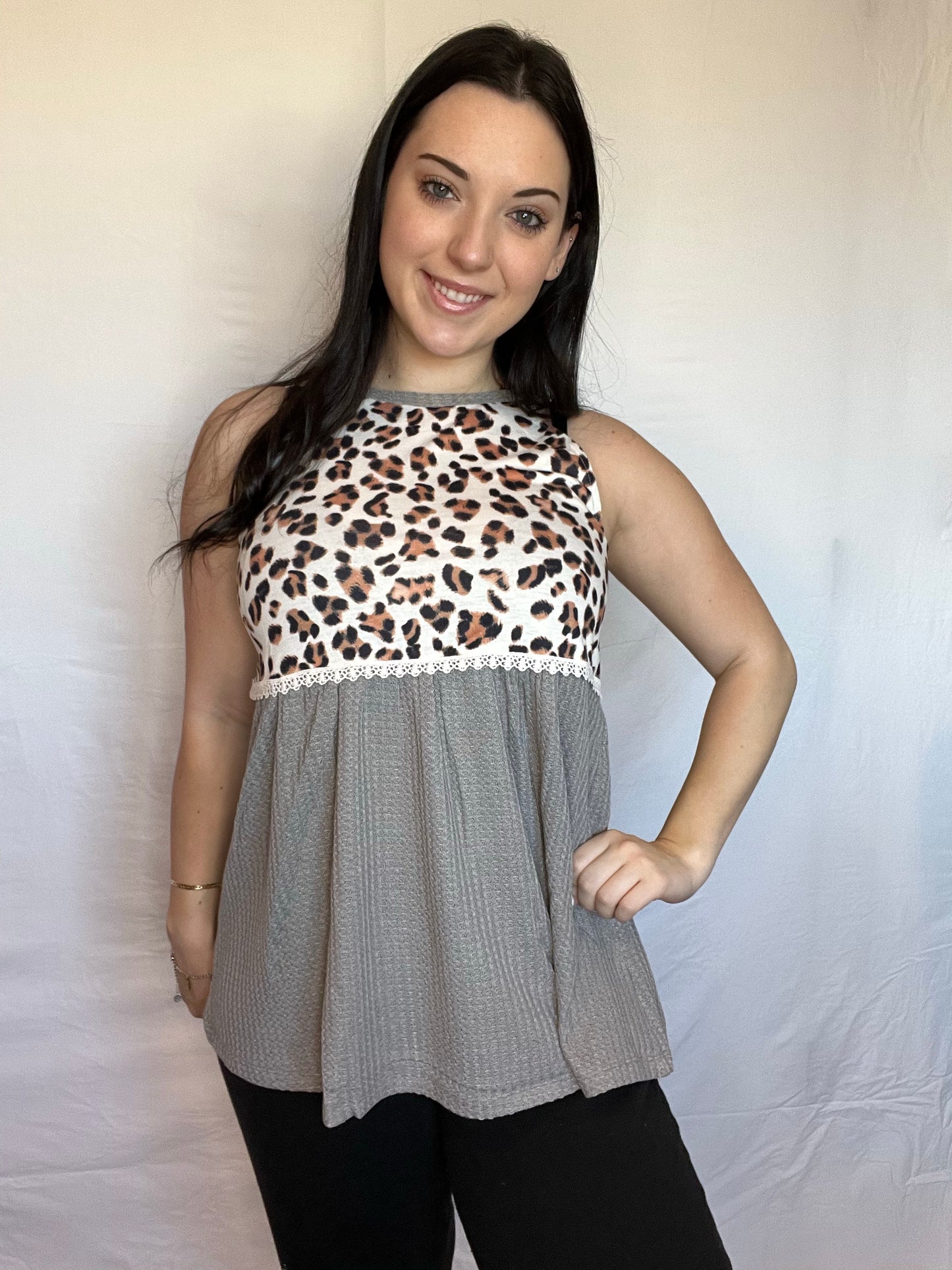 Grey and leopard flowy tank