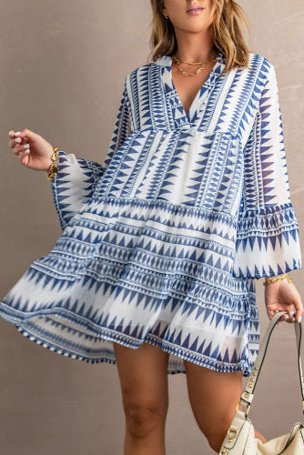 Blue Aztec Ruffle Dress