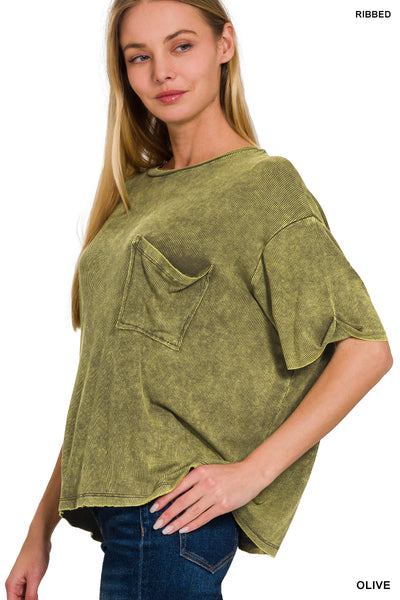 Washed Ribbed Cuffed Short Sleeve