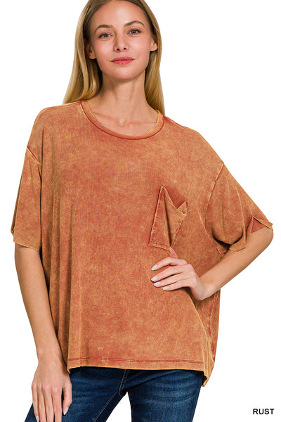 Washed Ribbed Cuffed Short Sleeve