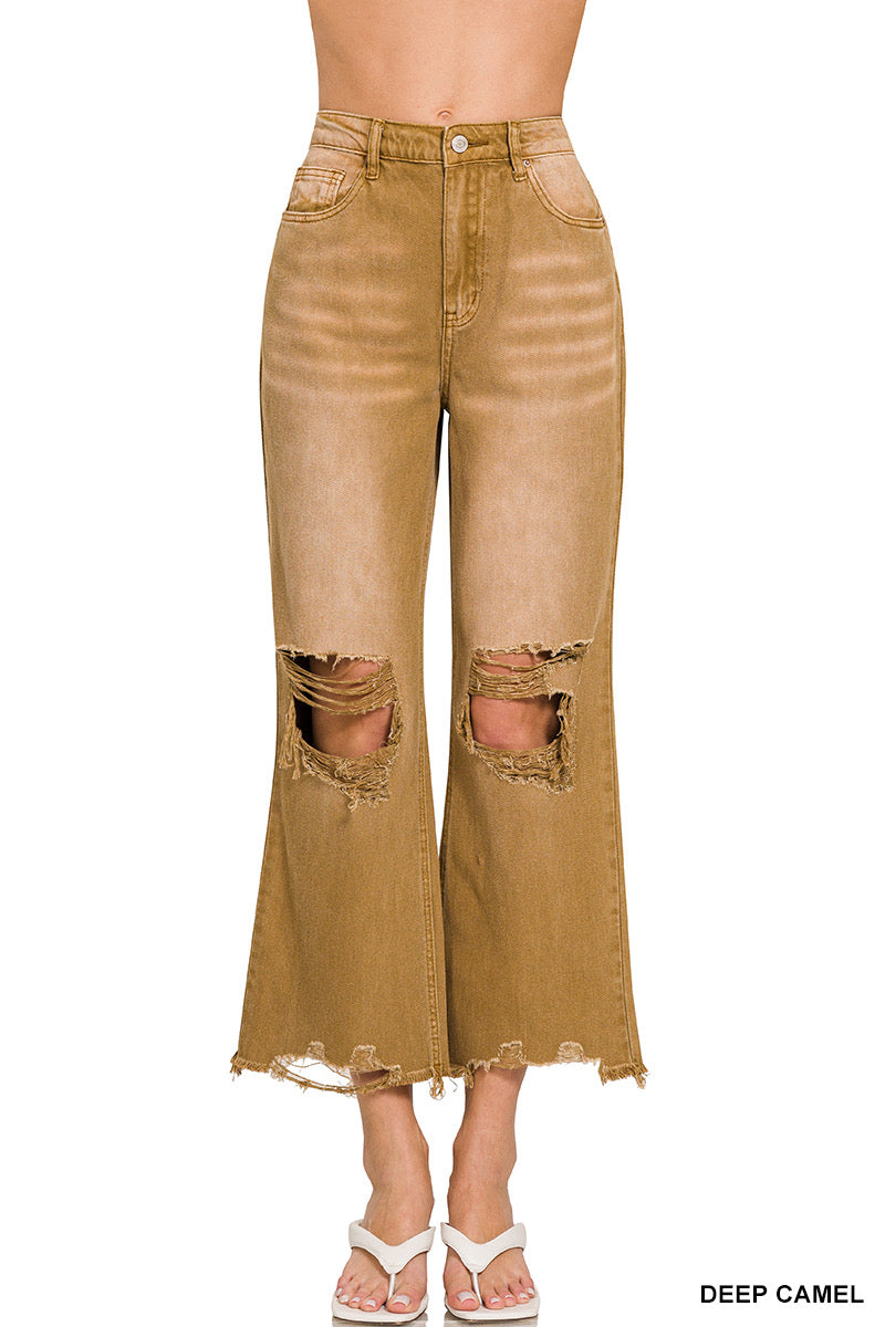 Washed Distressed Knee and Hem Cropped Pants