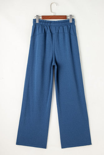 Blue Drawstring High Waist Wide Leg Pocketed Sweatpants
