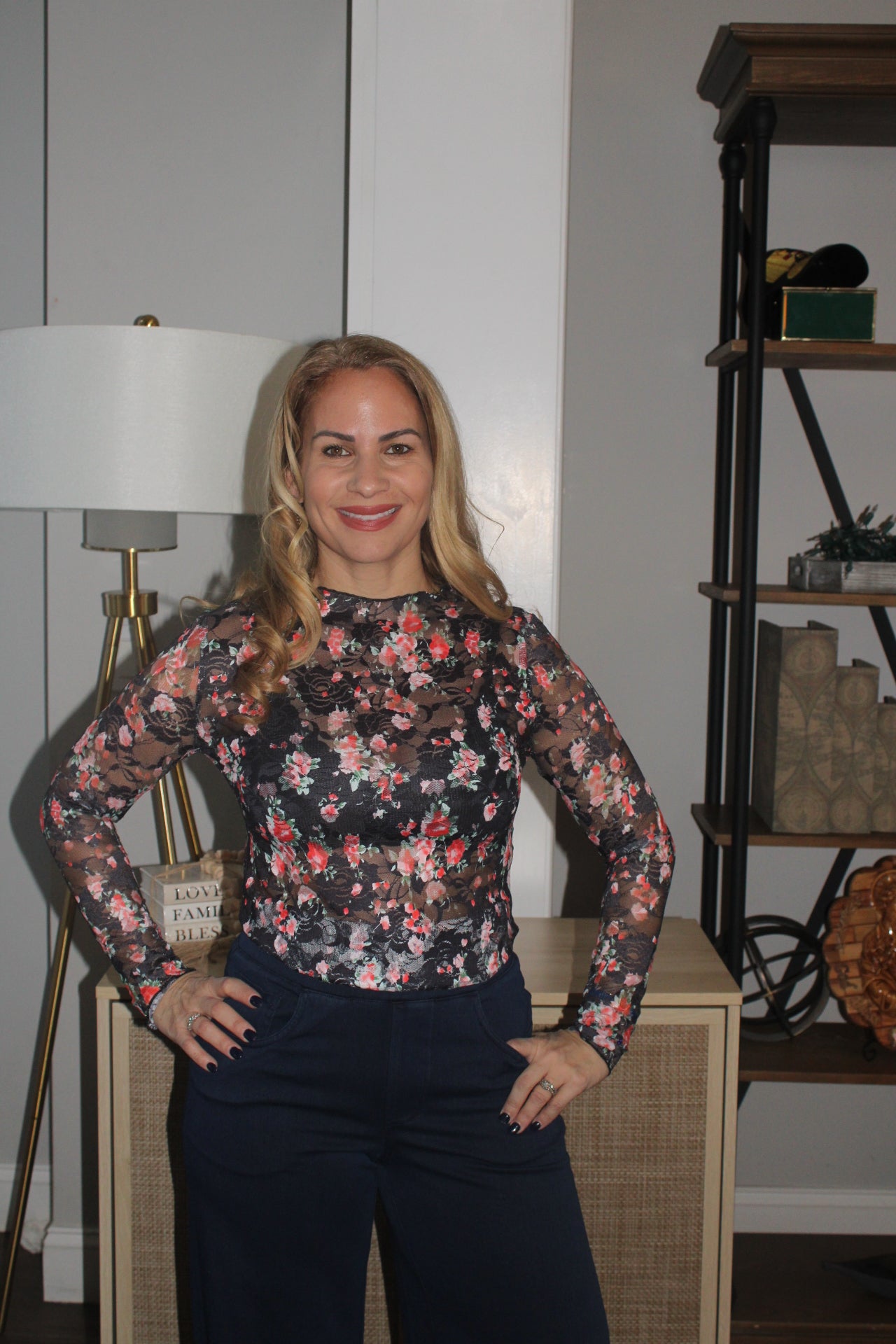 Black Floral Mesh Sheer Long Sleeve Top