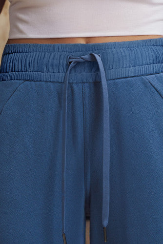 Blue Drawstring High Waist Wide Leg Pocketed Sweatpants
