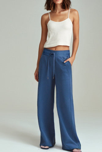 Blue Drawstring High Waist Wide Leg Pocketed Sweatpants