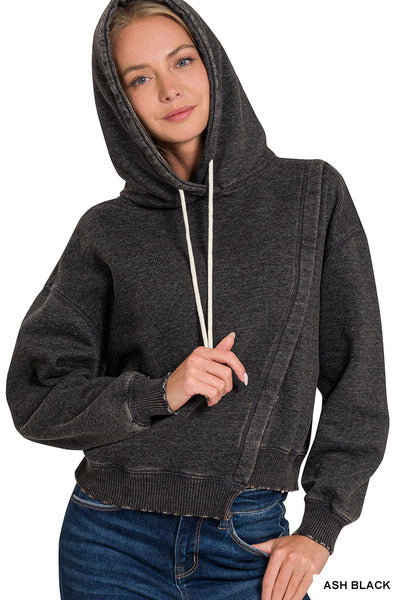 ACID WASH ASYMMETRICAL DETAILED FLEECE HOODIE