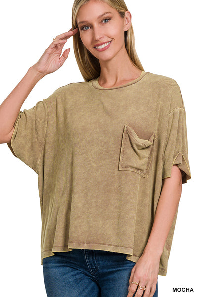 Washed Ribbed Cuffed Short Sleeve