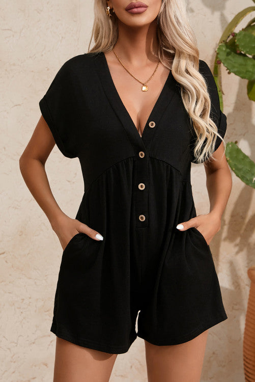 Black V Neck Short Romper