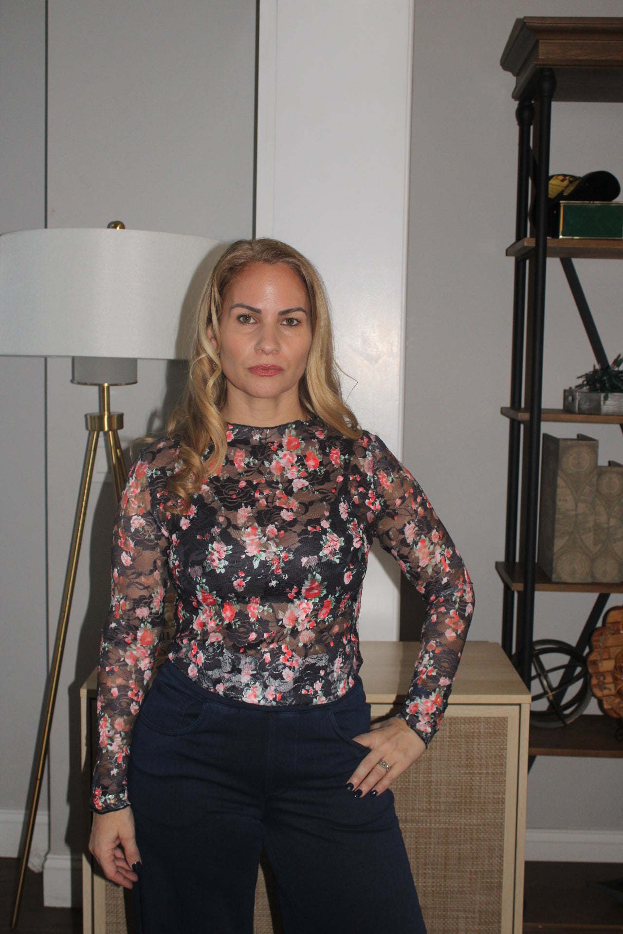 Black Floral Mesh Sheer Long Sleeve Top