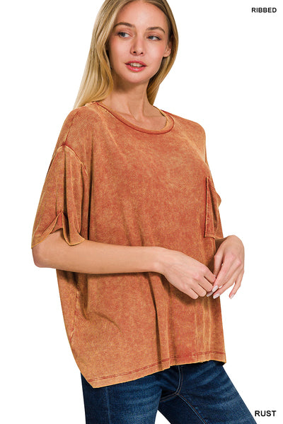 Washed Ribbed Cuffed Short Sleeve