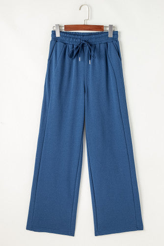 Blue Drawstring High Waist Wide Leg Pocketed Sweatpants