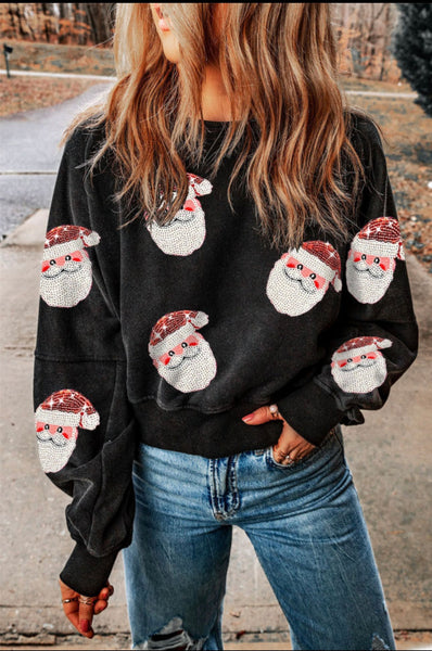 Black Santa Sequin Open Back Sweatshirt