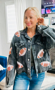 Corduroy jacket with football sequin patches