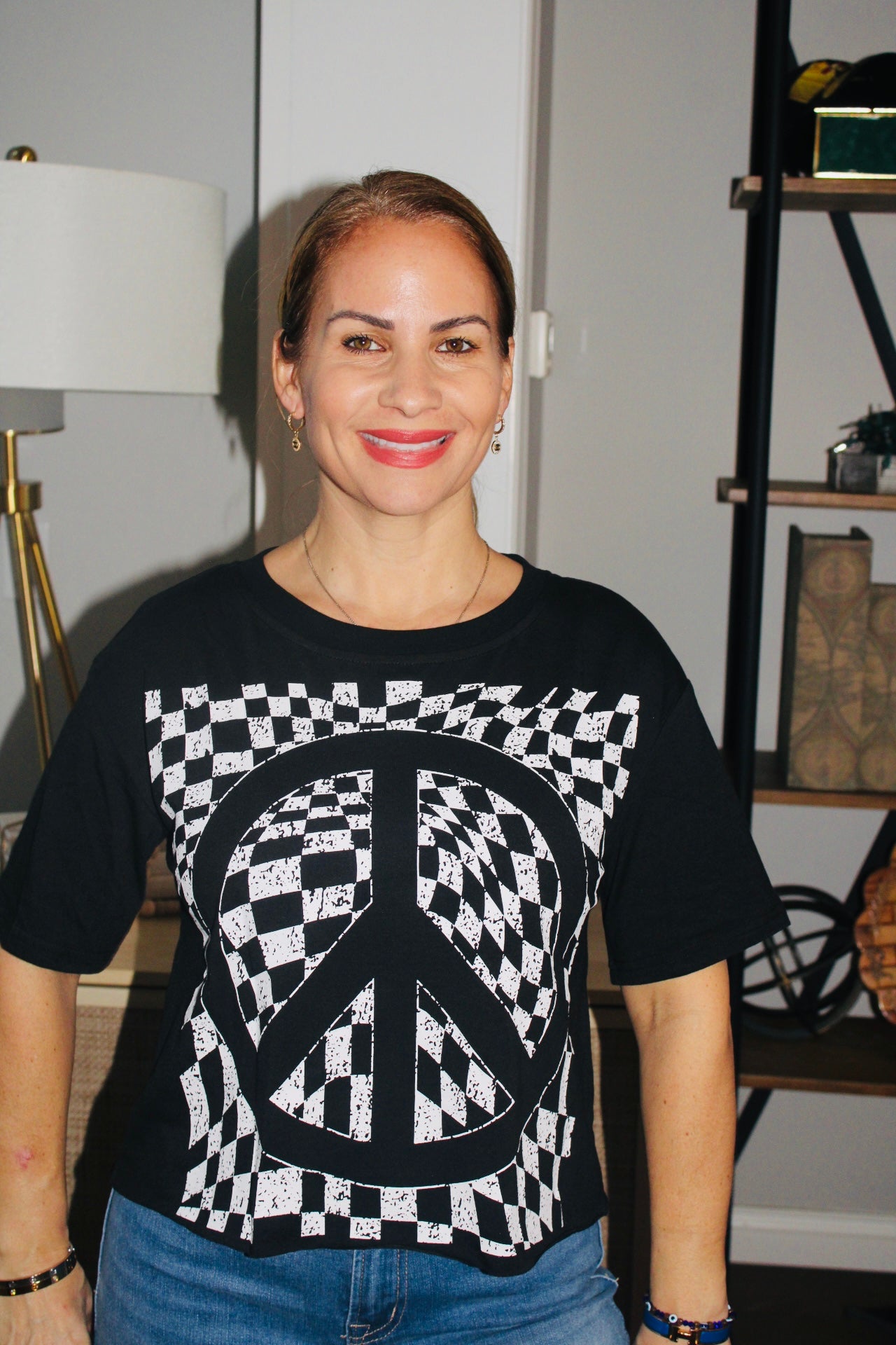 Checker Peace Sign Printed Round Neck T Shirt