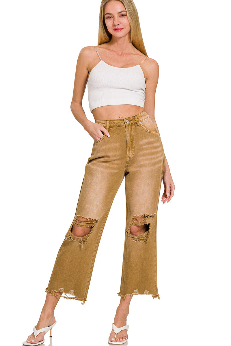 Washed Distressed Knee and Hem Cropped Pants