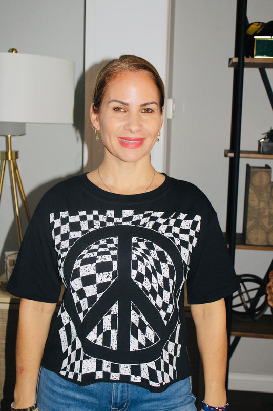 Checker Peace Sign Printed Round Neck T Shirt