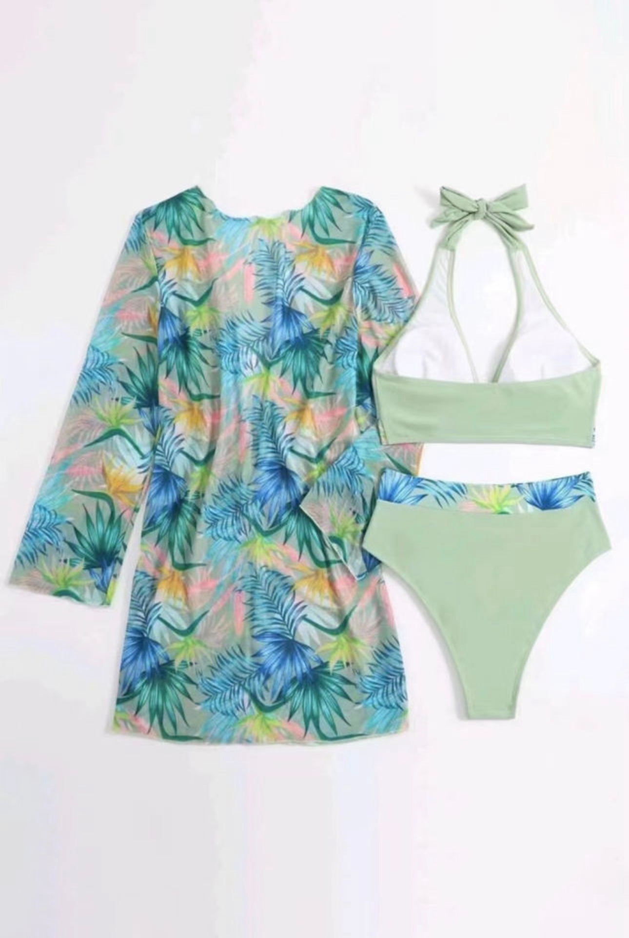 Green Floral Three Piece Top, Bottom , Cover Up Set