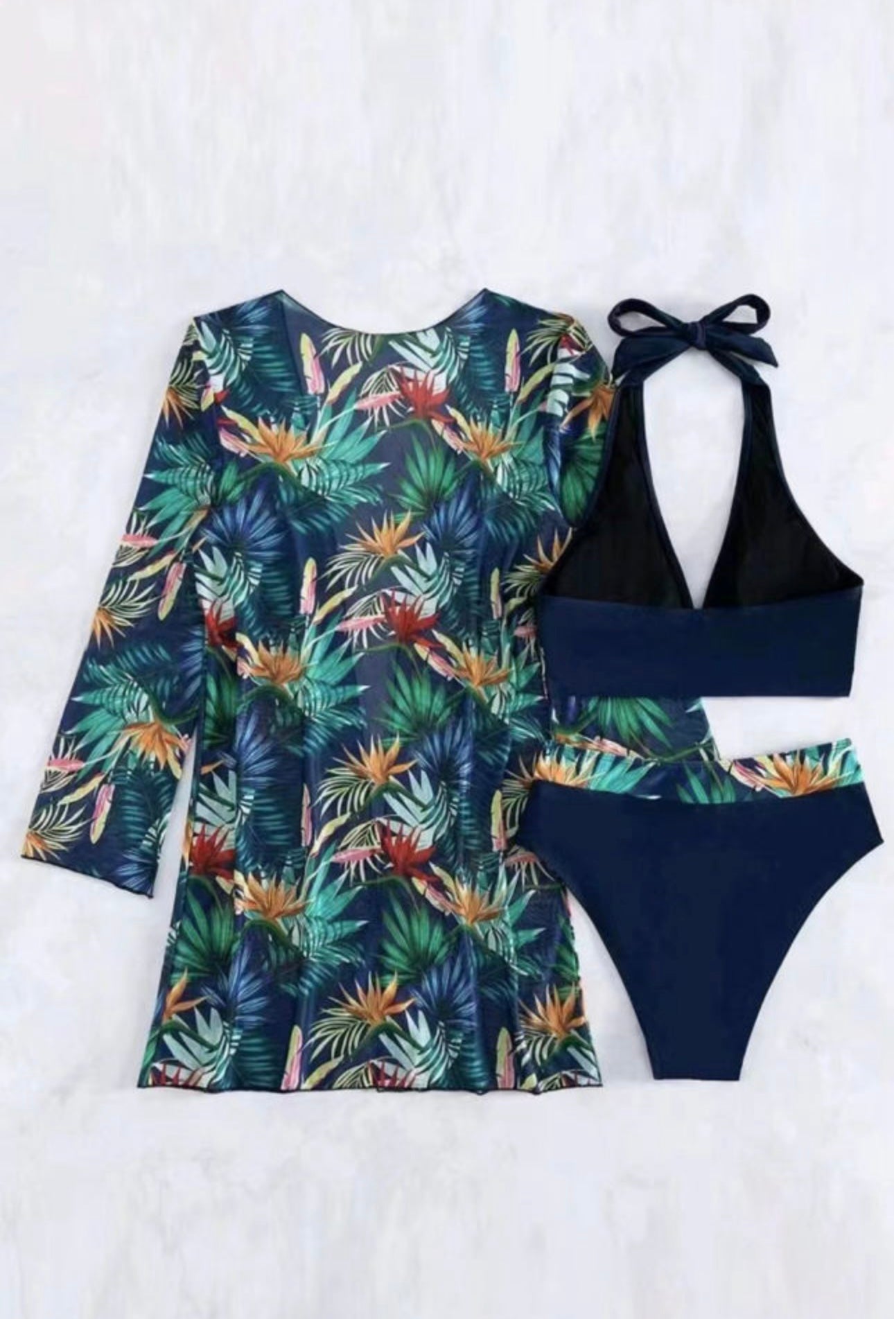 Black Floral Three Piece Top, Bottom , Cover Up Set
