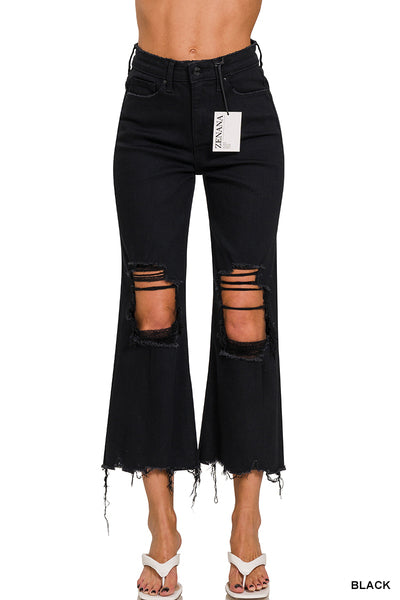 DISTRESSED KNEE FLARE CROP HIGH-WAIST PANTS