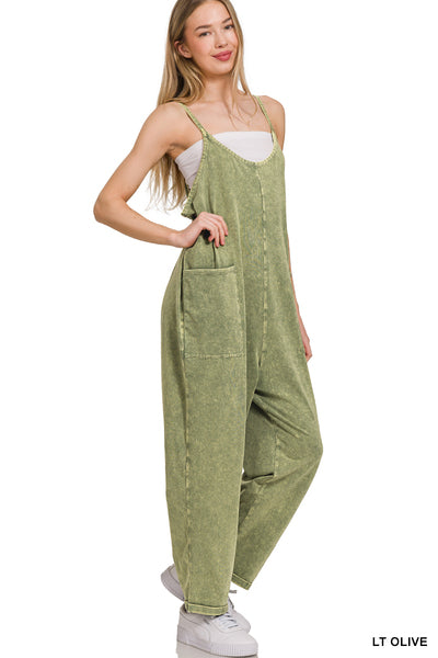Washed Spaghetti Strap Overalls with Pocket