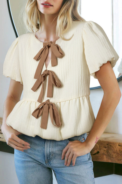 White Textured Bow Ties Front Bubble Puff Sleeve Blouse