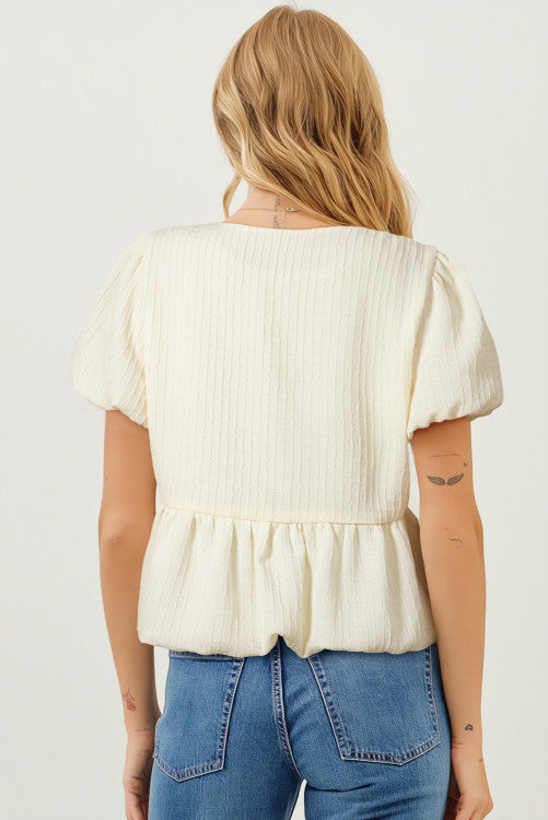 White Textured Bow Ties Front Bubble Puff Sleeve Blouse