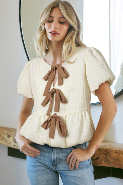 White Textured Bow Ties Front Bubble Puff Sleeve Blouse