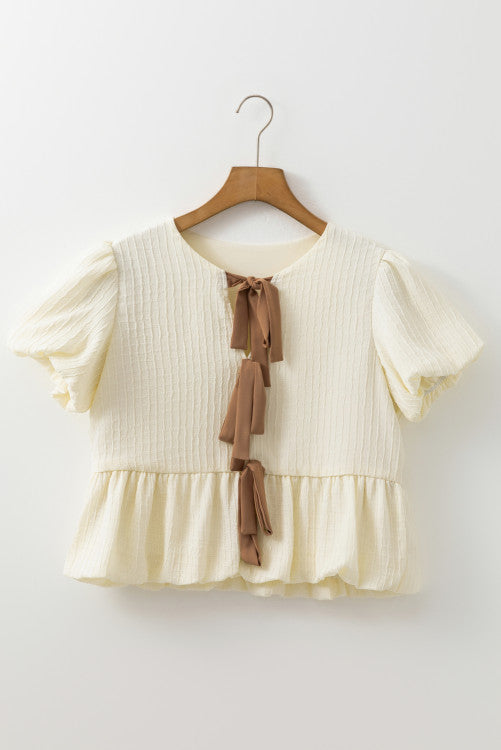 White Textured Bow Ties Front Bubble Puff Sleeve Blouse