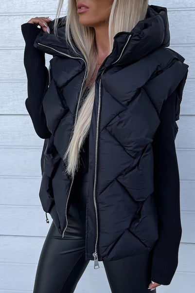 Black Quilted Zipper Front Hooded Vest