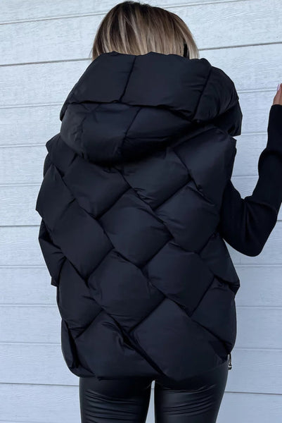 Black Quilted Zipper Front Hooded Vest