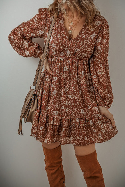 Brown Boho Floral Ruffled Puff Sleeve V Neck Dress