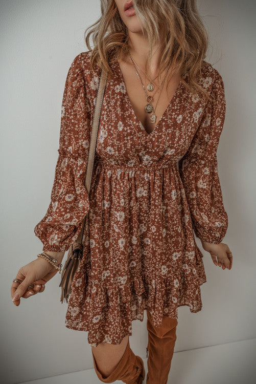 Brown Boho Floral Ruffled Puff Sleeve V Neck Dress
