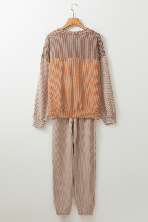 Brown Corded 2pcs Ribbed Pullover and Pants Outfit