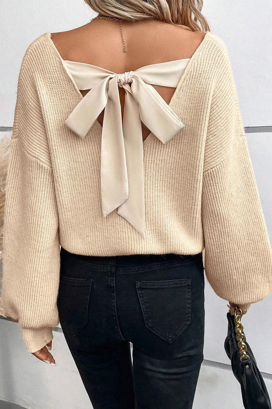 Bow Tied V-Neck Long Sleeve Sweater