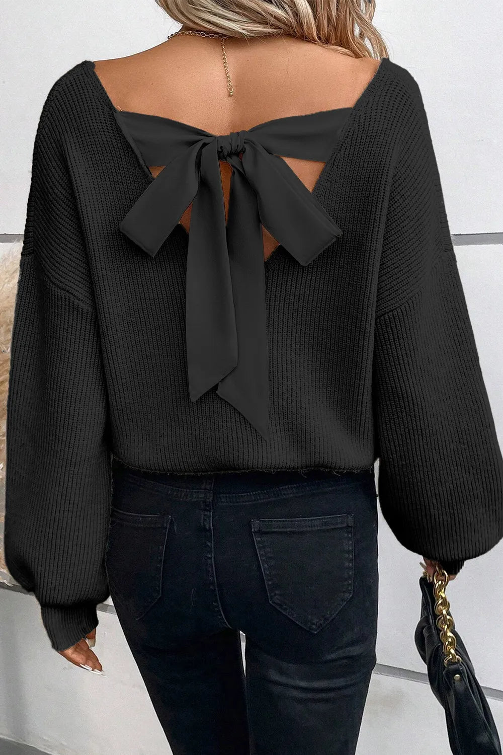 Bow Tied V-Neck Long Sleeve Sweater