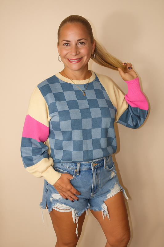 Sky Blue Oversized Checkered Denim Exposed Seam Patchwork Casual Sweatshirt