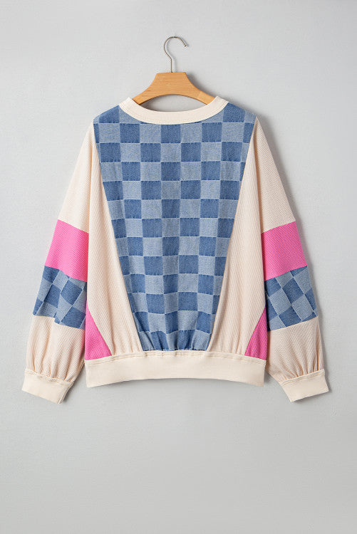 Sky Blue Oversized Checkered Denim Exposed Seam Patchwork Casual Sweatshirt