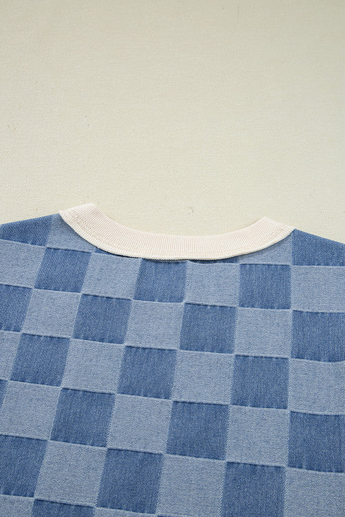 Sky Blue Oversized Checkered Denim Exposed Seam Patchwork Casual Sweatshirt