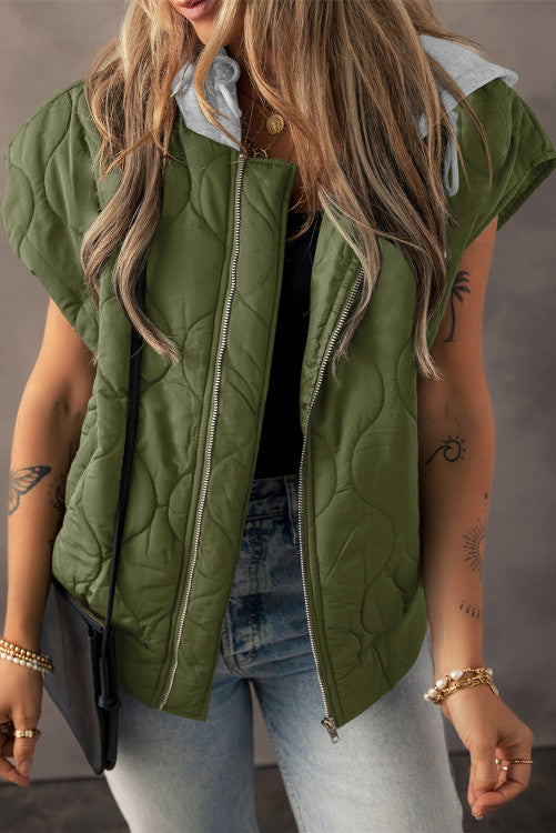 Quilted Drawstring Hooded Zip Up